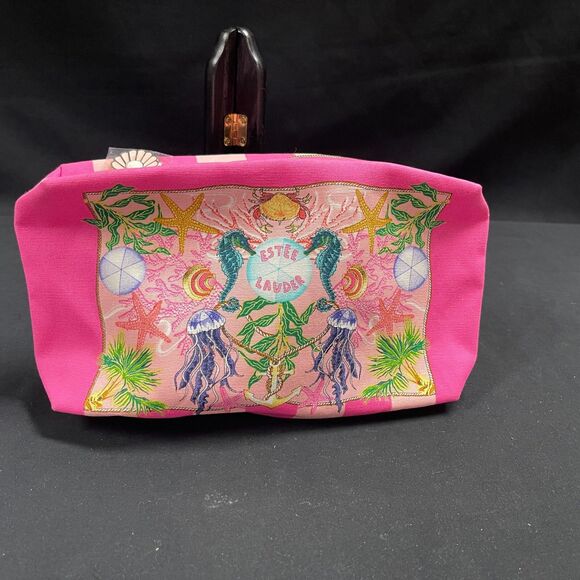Estee Lauder Pink Floral Makeup Bag Seahorse Jellyfish Starfish - Picture 1 of 6